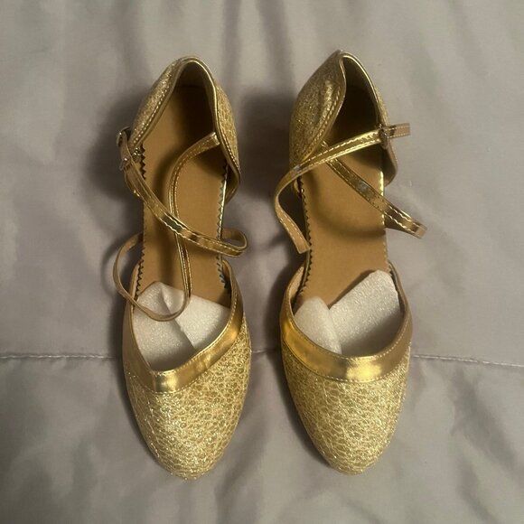 Women Size 8.5 Golden Sparkly Metallic Latin Dance Heel Shoes with Cross Strap - Picture 4 of 8